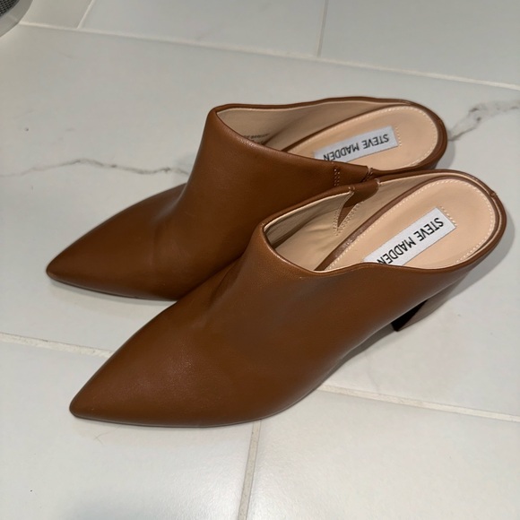 Steve Madden Barrie Tan Block Heeled Mules Cognac Size 9 Pointed Toe - Picture 3 of 7
